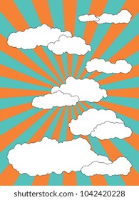abstract cartoon clouds on pop art background with radial lines