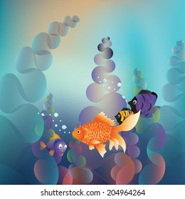 Abstract cartoon colorful underwater background with gold fish.