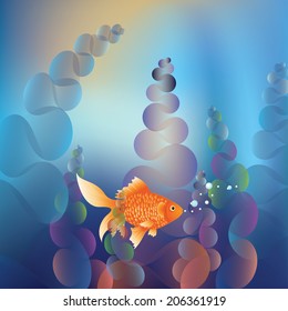 Abstract cartoon colorful underwater background with gold fish.