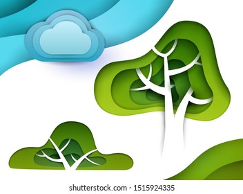 Abstract cartoon composition with green tree, bush and cloud in paper cut art style isolated on white background. Vector colorful minimalistic design concept. Creative 3d illustration or template.