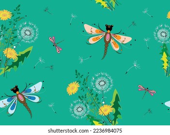 Abstract cartoon dandelions, grasses spikelets  and colorful dragonflies (butterflies) on a green background. Seamless pattern for children clothing, textile, fabrics, baby room wallpaper design etc.