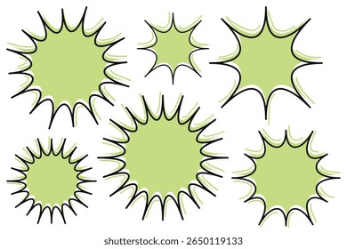 Abstract cartoon doodle starburst shapes, featuring varying sizes of bright green fills with bold black line outlines. 