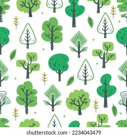 Abstract cartoon doodle tree seamless pattern. Woodland decorative texture, forest trees or nordic garden childish neoteric vector textile print design