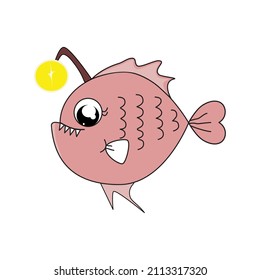 abstract cartoon fish.cute anglerfish vector on white background.Vector illustration of marine animals.Fish with lights on their heads.cute fishing fish vector illustration.Aquatic animals.Cute fish.