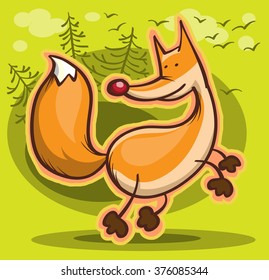 abstract cartoon fox on green forest background, vector illustration