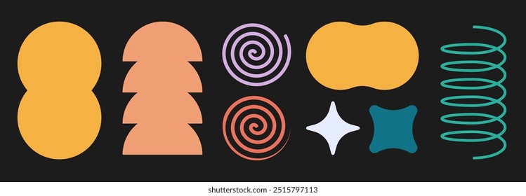 Abstract cartoon geometric shapes elements icon graphic illustration set, retro blobs and scribbles modern figures design, simple minimal flat bold forms shapes silhouette image clip art