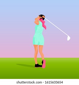  Abstract cartoon girl play golf. Golfer girl card template background for design birthday gift card, sport game party invitation, shop sale, bag or sport club t-shirt print etc.
