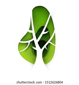 Abstract cartoon green tree in paper cut art style isolated on white background. Vector colorful minimalistic design concept. Creative 3d illustration or template.