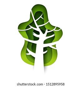 Abstract cartoon green tree in paper cut art style isolated on white background. Vector colorful minimalistic design concept. Creative 3d illustration or template.