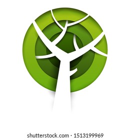 Abstract cartoon green tree in paper cut art style isolated on white background. Vector colorful minimalistic design concept. Creative 3d illustration or template.