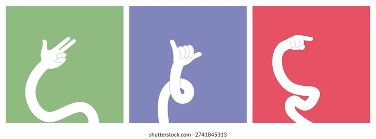 Abstract Cartoon Hand Gestures Set with Flexible Arms on Colorful Backgrounds, Minimal Flat Illustration, Modern Creative Concept