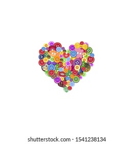 Abstract cartoon heart made of buttons. Valentine day romantic heart love flyer, vector illustration