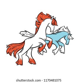 Abstract cartoon horses standing on two legs and gallop. Vector clip art illustration for prints, design, coloring books and pages, cards.