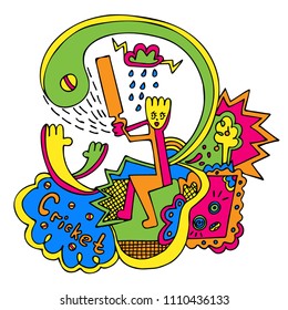 Abstract cartoon illustration of batsman playing cricket in modern style like graffiti. Hand drawn doodle. Good for poster, t-shirt, cards, website headers, advertisement, print, banner or web design.