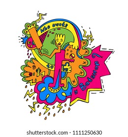 Abstract cartoon illustration of batsman playing cricket in modern style like graffiti. Hand drawn doodle. Included lettering “who wants to be a batsman”. 