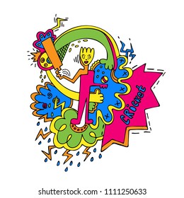 Abstract cartoon illustration of batsman playing cricket in modern style like graffiti. Hand drawn doodle. Good for poster, t-shirt, cards, website headers, advertisement, print, banner or web design.