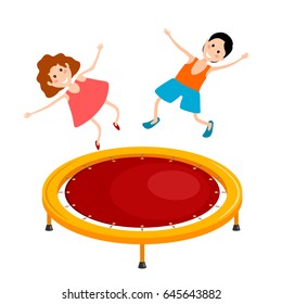 Abstract cartoon illustration of a bright colored trampoline and children on a white background. Playing children in the air. Vector illustration