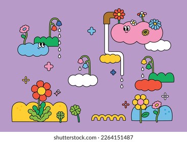 Ilustración de caricaturas abstractas con nubes lindas y flores lloviendo. ilustración simple del vector de esquema.