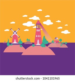 Abstract cartoon illustration of isle hills with mill , park , lighthouse , in the sea .