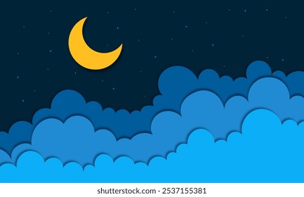 desenho animado abstrato ilustração do céu noturno com estrelas e lua. estilo de arte de papel. Meia lua, estrelas e nuvens no fundo do céu escuro da noite