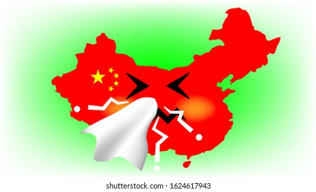 The abstract cartoon illustration picture of the China catching a cold. ( vector )