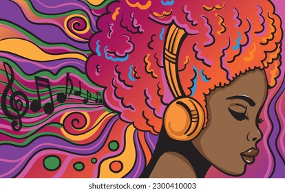 Abstract cartoon illustration of the woman in headphones. Vector art illustration.