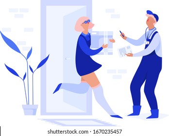 Abstract cartoon illustration of a young woman receiving parcel from delivery service courier. Delivery and post apps concept.

