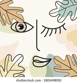 
Abstract cartoon image of autumn.
Sketchy portrait with eyes and autumn leaves.
Vector decorative.