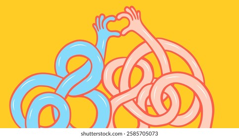 Abstract cartoon long two hands in funny flat style. Colorful art composition of love, support or care. Vector illustration.