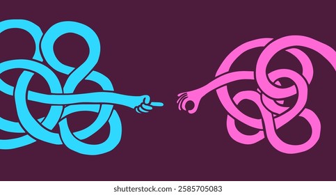 Abstract cartoon long two hands in funny flat style. Colorful art composition of love, support or care. Vector illustration.