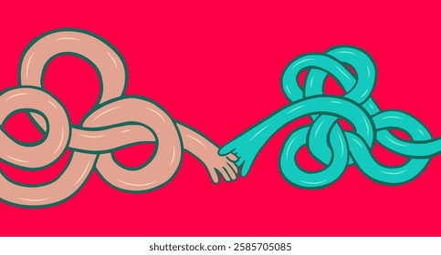 Abstract cartoon long two hands in funny flat style. Colorful art composition of love, support or care. Vector illustration.