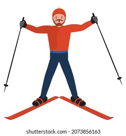 Abstract cartoon man riding on ski, winter activity illustration.