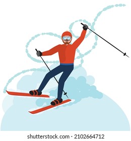 Abstract cartoon man riding on ski, winter activity illustration.