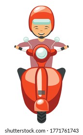 Abstract cartoon man riding red scooter, delivery man illustration on white background.