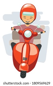 Abstrakter Cartoon Mann Reiten roten Roller, Auslieferung Mann Illustration auf weißem Hintergrund.