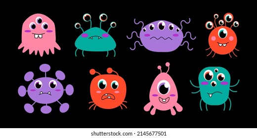 Abstract cartoon monster set. Funny kawaii baby characters, flat design. Vector illustration.