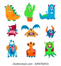Abstract Cartoon monsters character. dangerous mutants with horns, wings,  different emotion. 