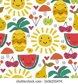 Abstract cartoon nursery pattern with sun , fruits. Summer poster. Vector illustration. Scandinavian style, Collage