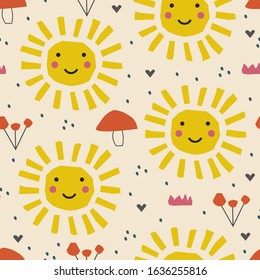 Abstract cartoon nursery pattern with sun , fruits. Summer poster. Vector illustration. Scandinavian style, Collage