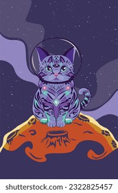 Abstract cartoon outer space background with stars and cat sits on planet illustration.
