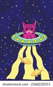 Abstract cartoon outer space background with stars and cat with goldfish in flying saucer.