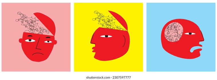 Abstract Cartoon Overthinking Men. Simple Vector Illustration of Red Human Heads with Black Sketched Scribbles Inside Isolated on a Pink, Yellow and Blue Background.	Set of Stress Symbol Prints.
