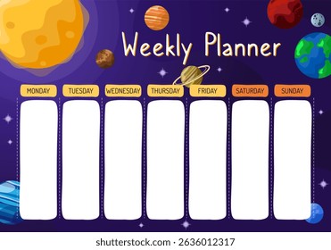 Abstract cartoon planets on a vast background. Fantastic galaxy with endless space design, paper printing, textile fabric, repeating wrapper, astronomical space background template