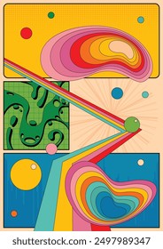 Abstract Cartoon Poster, Colorful Background, Geometric Dynamic Shapes