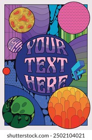 Abstract Cartoon Poster, Colorful Background, Vector Template for Bright and Fun Posters. Abstract Space, Planets, Shapes 