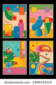 Abstract Cartoon Poster Set, Colorful Backgrounds, Geometric Dynamic Shapes, Vector Templates for Colorful Posters, Covers, Illustrations