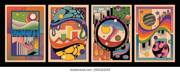 Abstract Cartoon Poster Set, Colorful Backgrounds, Geometric Dynamic Shapes, Vector Templates for Colorful Posters, Covers, Illustrations