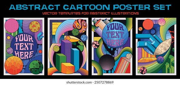 Abstract Cartoon Posters, Colorful Background Set, Vector Templates for Bright and Fun Posters. Abstract Space, Planets, Shapes 