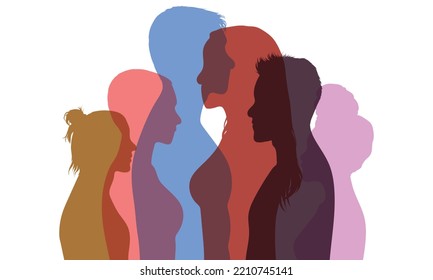 Abstract cartoon profile of a multicultural family. Friendship between multiethnic and multicultural families. Symbol of multiculturalism, community, and teamwork.