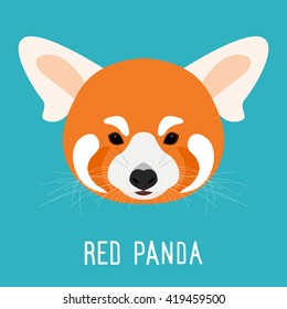 Abstract cartoon red panda bea portrait. Funny childish panda isolated on blue. Nature, animal, wildlife theme. 